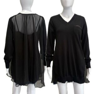 Sacai Luck Sheer Silk Mixed Tunic Sweater Dress Womens Size 2 M Black V-Neck